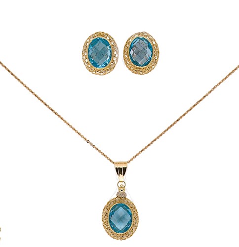 Lot 59 - A blue topaz pendant and chain together with a pair of matching ear studs