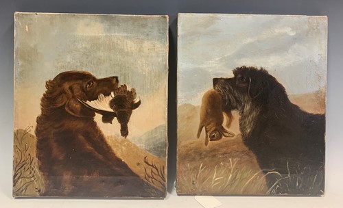Lot 484 - A pair of paintings of terriers with dead game,...