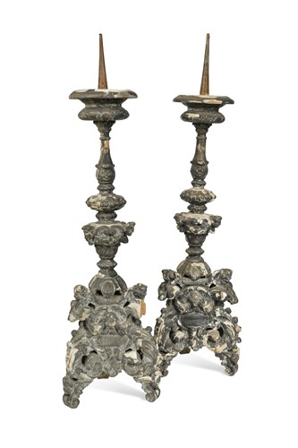 Lot 458 - A pair of Continental painted pricket candlesticks, 19th century