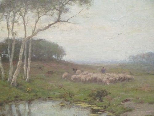 Lot 453 - Landscape with a flock of sheep beside a pond,...