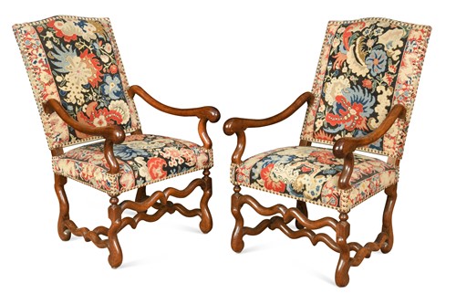 Lot 441 - A pair of walnut framed high-back armchairs, 17th century