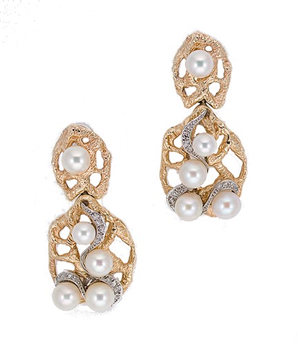 Lot 205 - A pair of cultured pearl and diamond set ear pendants