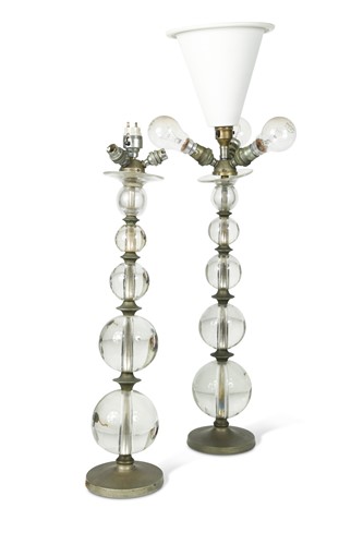 Lot 602 - A pair of glass ball table lamps, probably supplied by Maison Jansen, early 20th century
