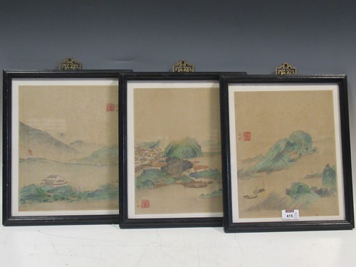 Lot 415 - 3 framed Ming style pictures on linen; with 3...