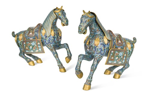 Lot 384 - A pair of Chinese cloisonné horses