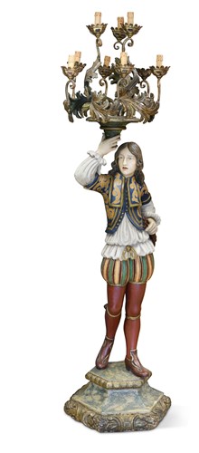 Lot 363 - A large painted and carved wood figural candelabra, 20th century