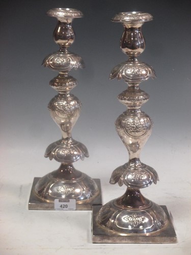Lot 420 - A pair of electroplate candlesticks 36cm high (2)