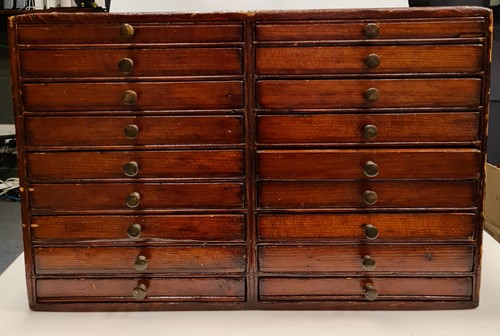 Lot 312 - A bank of 18 clock or watch maker's drawers, c....