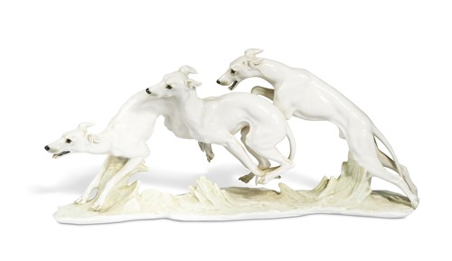 Lot 78 - Hans Achtziger (1918 -2003) for Hutschenreuther, large porcelain group of three running greyhounds