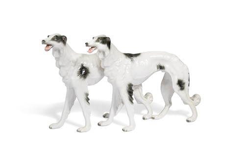 Lot 84 - An Italian porcelain brace of Borzoi by Carbet