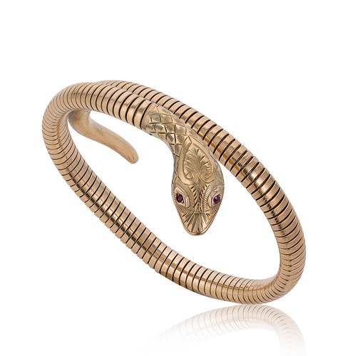 Lot 93 - A mid-20th century 9ct gold flexible sprung snake bangle, mark of Cropp & Farr