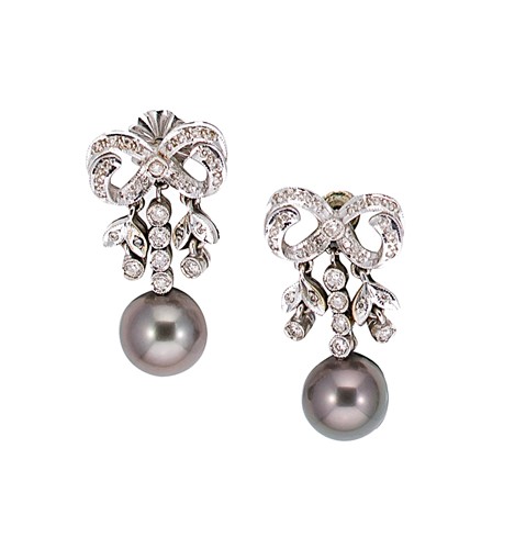 Lot 242 - A pair of diamond and cultured Tahitian pearl ear pendants