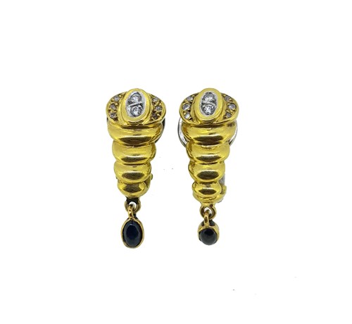 Lot 10 - A pair of diamond and sapphire ear pendants