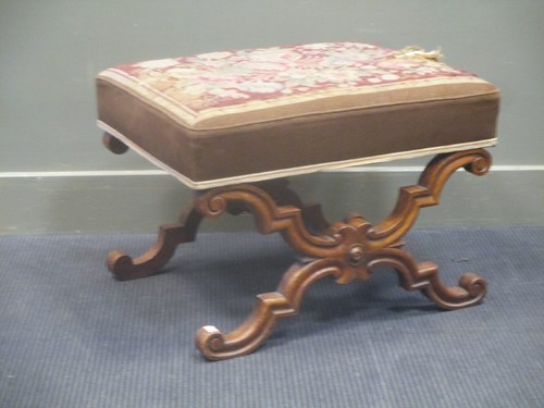 Lot 602 - A Victorian walnut X framed stool with a later...