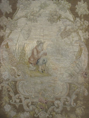 Lot 455 - Two woolwork tapestries, men in a forest 58 x...