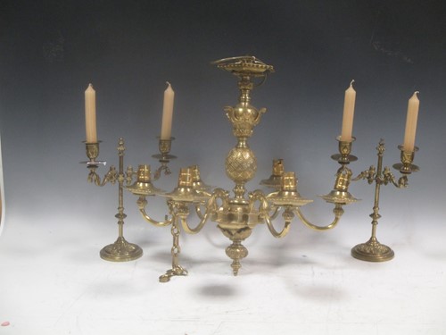 Lot 646 - A six branch brass chandelier together with a...