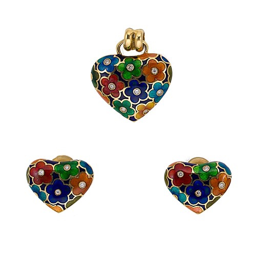 Lot 60 - An enamel and diamond pendant and ear studs en suite