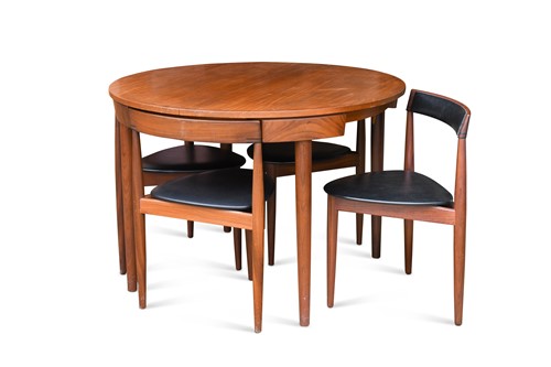 Lot 259 - Hans Olsen for Frem Rojle, a Danish teak dining table and four hideaway chairs, circa 1965