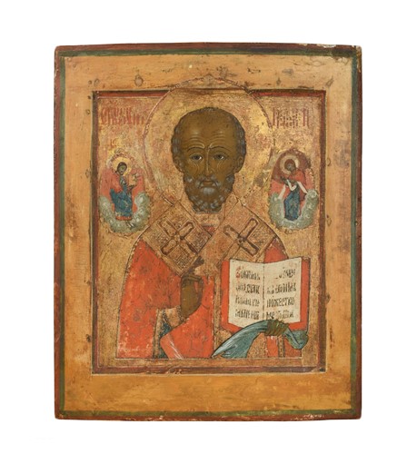Lot 457 - A Russian Orthodox Icon of Saint Nicolas, 'The Wonderworker', 18th century