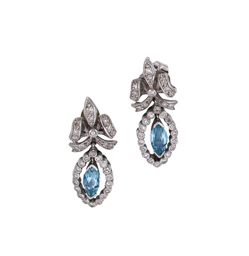 Lot 135 - A pair of aquamarine and diamond ear pendants