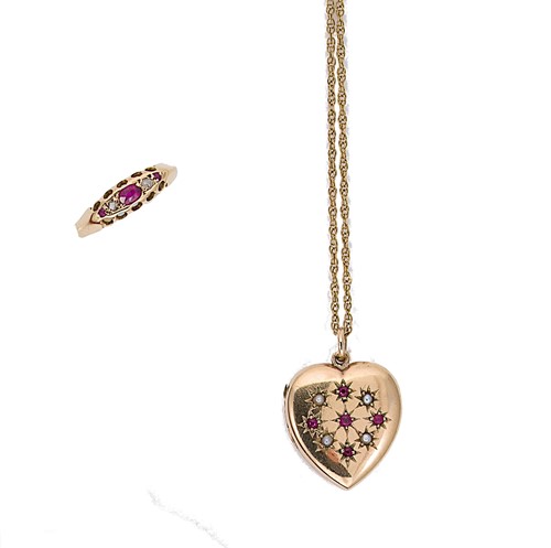 Lot 67 - A ruby and seed pearl locket, mark of Cropp & Farr, together with a ruby and diamond ring