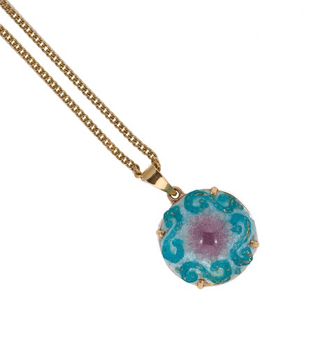 Lot 130 - A pressed glass pendant signed 'Sazerat, Limoges' on a gold chain