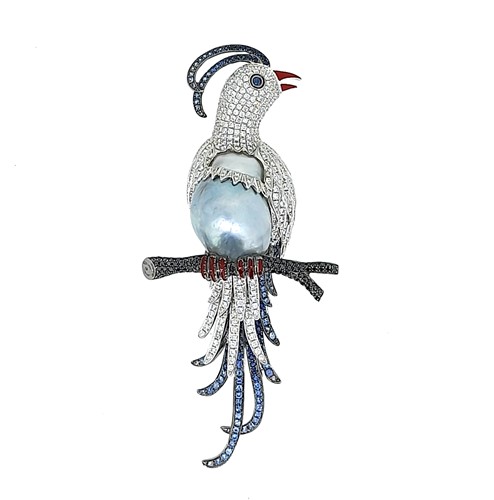 Lot 240 - A diamond, pearl and enamel stylised bird of paradise brooch