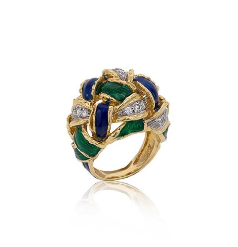 Lot 105 - A late 20th century diamond and enamel cocktail ring, mark of Kutchinsky