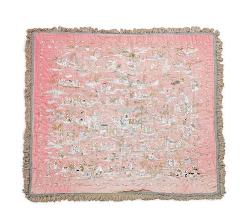 Lot 134 - A Chinese export embroidered rose pink silk bed cover, Qing Dynasty, 19th century