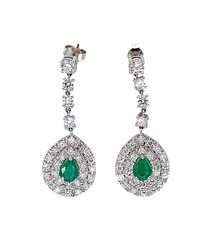 Lot 190 - A pair of emerald and diamond cluster ear pendants