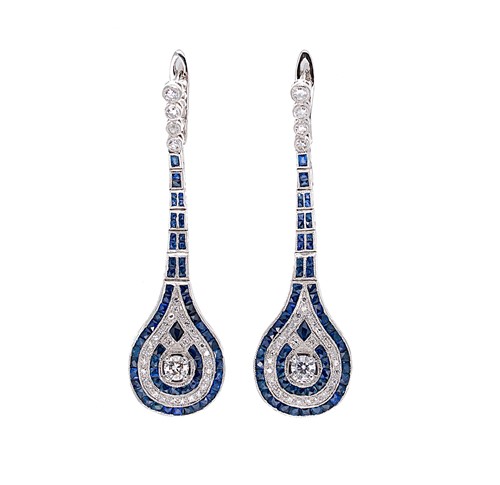 Lot 221 - A pair of Art Deco style sapphire and diamond ear pendants