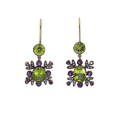 Lot 96 - A pair of amethyst, peridot and diamond ear pendants