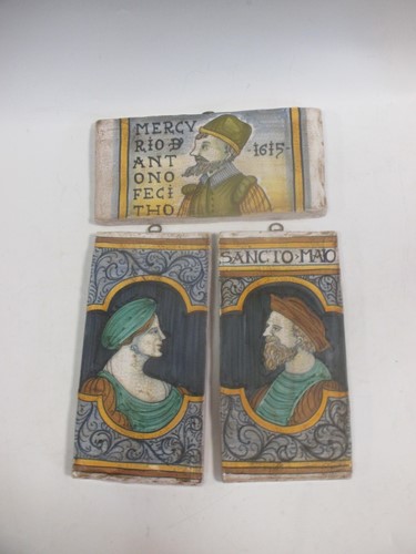 Lot 174 - Three maiolica style tiles, 28 x 14cm