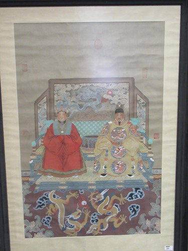 Lot 381 - A Chinese ancestoral portrait, three red seal...