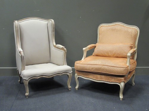 Lot 573 - Two French style upholstered easy armchairs