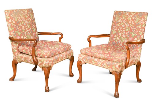 Lot 243 - A pair of George I style mahogany open arm chairs