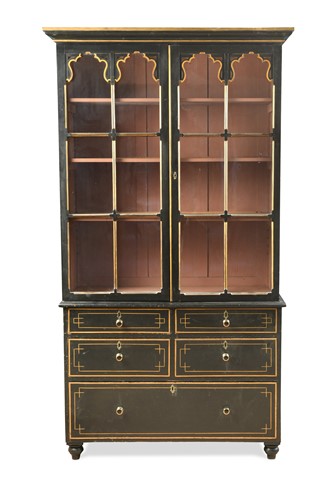 Lot 276 - A black painted and gilt lined glazed bookcase, 20th century