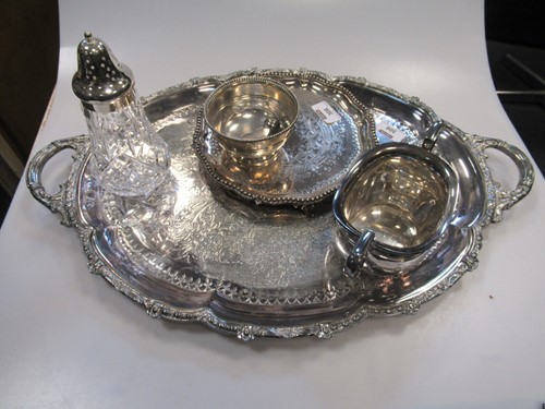 Lot 308 - A silver sugar bowl, 2 plated trays, etc