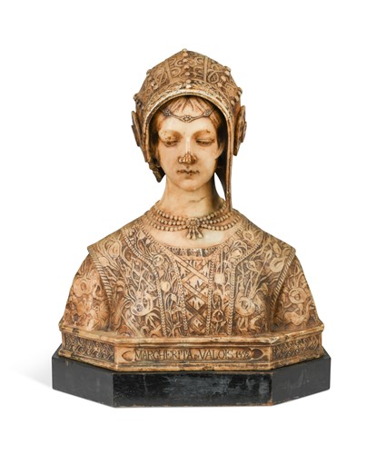 Lot 436 - Professor Aristide Petrilli (Italian, 1868-1930), an alabaster bust of Margherita di Valois, 1492