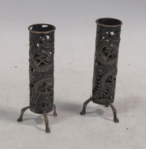 Lot 306 - A pair of Chinese silver taper holders 11.5cm...