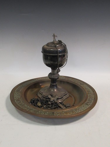 Lot 76 - A plated chalice and cover, 28cms, and a brass...