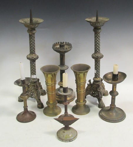 Lot 80 - A pair of brass pricket candlesticks with...