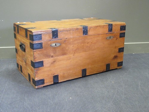 Lot 502 - A pine and metal banded trunk, 49 x 100 x 55cm