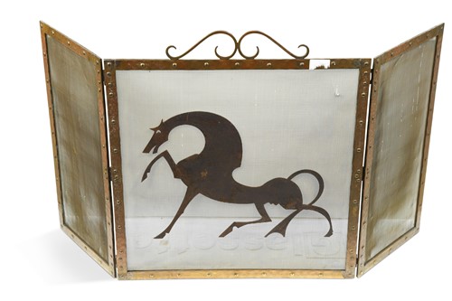Lot 245 - Attributed to William Hunt Diederich, (1884-1953), a wrought iron, brass and wire mesh fire screen