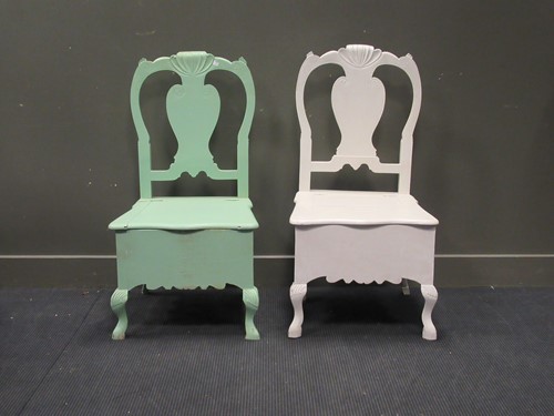 Lot 463 - Two painted commode chairs on cabriole legs...