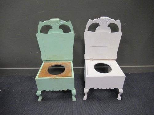 Lot 527 - Two painted commode chairs on cabriole legs...