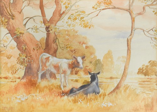 Lot 353 - Robert George Campbell, cattle grazing, watercolour, 1938