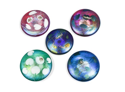 Lot 32 - Five John Ditchfield iridescent glass paperweights