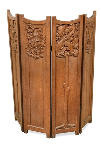 Lot 215 - In the manner of Arthur Simpson of Kendal (1857-1922), an Arts & Crafts oak four panel screen
