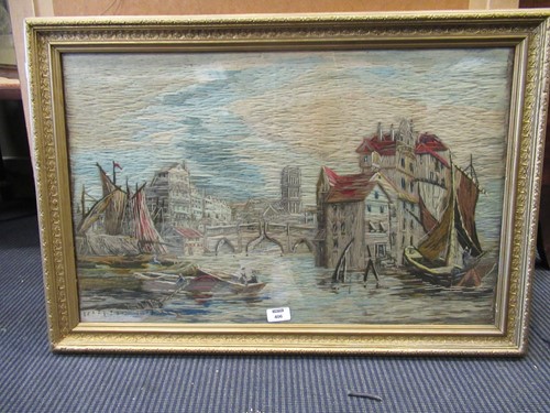 Lot 406 - A Berlin-type woolwork picture of river scene,...